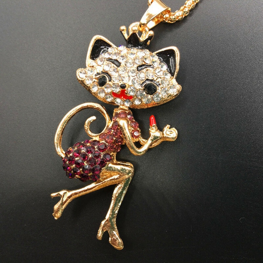 New Lady Cat Lipstick‎ Crystal Pendant Necklace